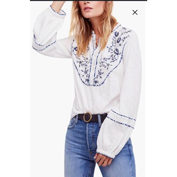 Free People Tops - Free People Sundance Kid Western Snap Blue Embroidered Shirt Women Xs Boho